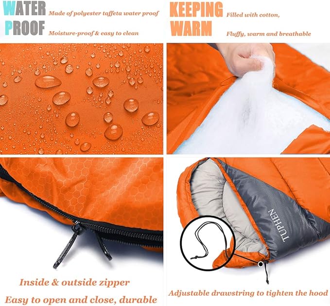 tuphen- Sleeping Bags for Adults Kids Boys Girls Backpacking Hiking Camping Microfiber Liner Cold Warm Weather 4 Seasons Indoor Outdoor Use Lightweight &amp Waterproof