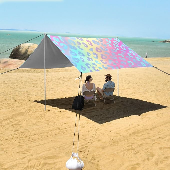 ALAZA Blue Cheetah Print Leopard Rainbow Beach Tent Sun Shelter UPF50+ Protection Beach Shade Canopy w/ 4 Sandbags for Outdoor Camping Fishing Backyard Fun Picnic 10x9 ft