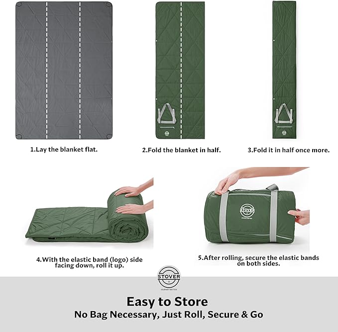 STOVER Large Waterproof Outdoor Stadium Blanket- Extra Thick Soft Fleece Camping Blanket for Travel Picnics Sports Dogs 79x55 Warm Windproof Sand-Proof Lightweight Packable (Game Day Green)