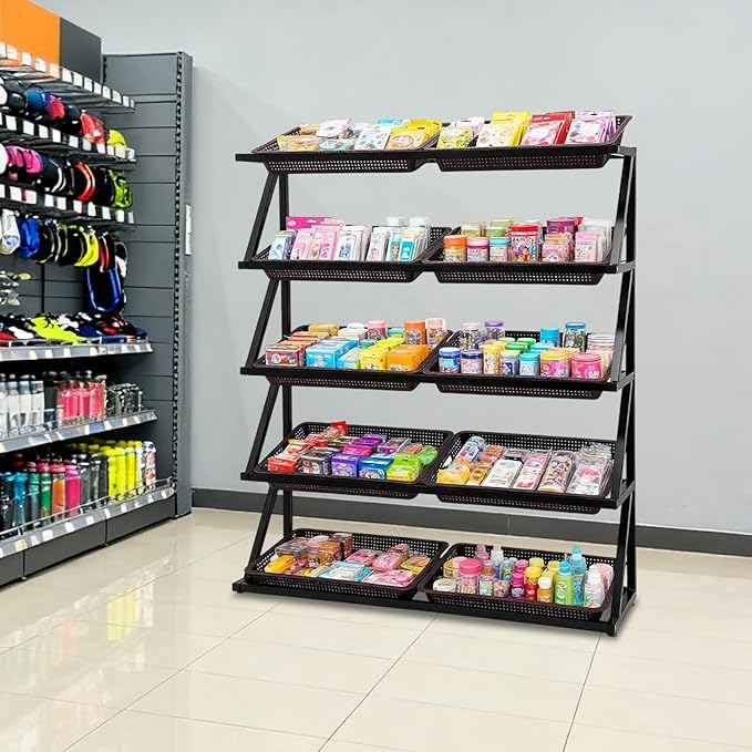 5-Tier Retail Display Rack Market Shelf Snack Rack with Adjustable Feet Supermarket Retail Display Stand with Metal Frame for Home Restaurants and Fruit Stores 47.24x13.78x59.06in