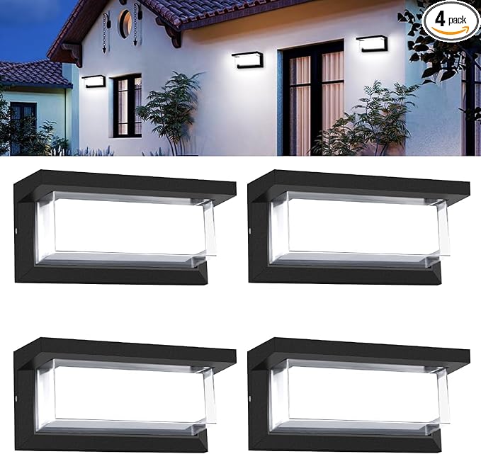 4 Pack 6000K Outdoor Porch Lights 18W 1800LM LED Wall Lighting IP65 Waterproof Rustproof Aluminum Modern Exterior Fixtures for Front Door Patio Backyard