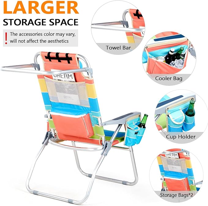 VINGLI Tall Beach Chair 2 Pack with 5-Position Cooler Bag Cup Holders Towel Bar Lightweight Folding Beach Camping Chairs for Adults(Rainbow-16)