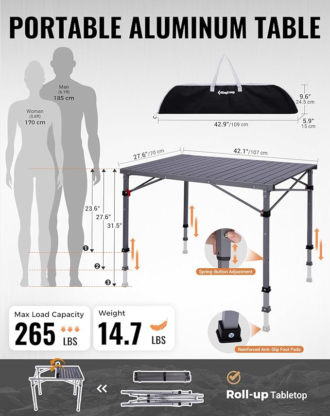 KingCamp Folding Camping Table Foldable Loads 265 Lbs 42.1× 27.6 Portable Table 3 Adjustable Height Aluminum Roll Up Camp Table with Carry Bag for Camping Picnic BBQ Backyard Indoor &amp Outdoor
