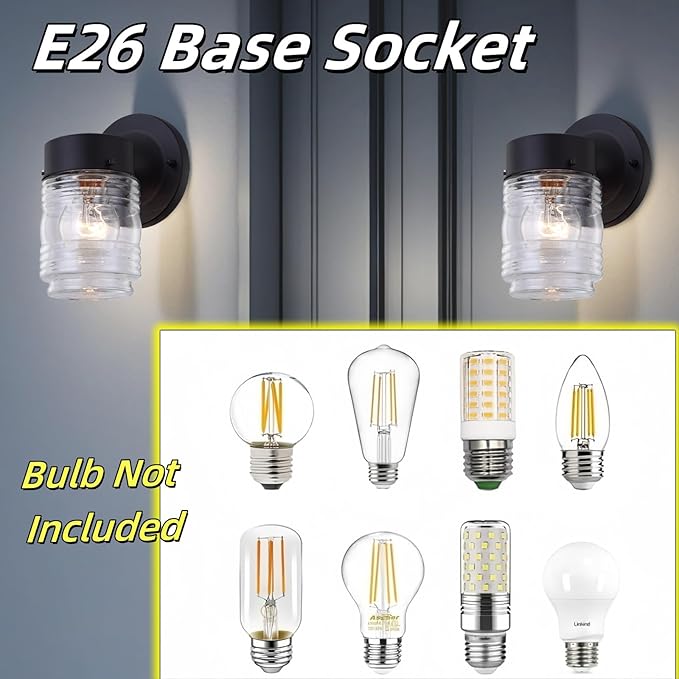 WISBEAM Smart Black Outdoor Wall Lights for House Jelly Jar Outside Light Fixture for Porch Patio Entryway Anti-Rust Waterproof Wall Mount Exterior Sconce E26 Base Bulb Not Included 2 Pack