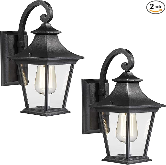 Emliviar Outdoor Wall Lights 2 Pack - Exterior Porch Lights Wall Mount in Black Finish with Clear Glass XE219B-2PK BK