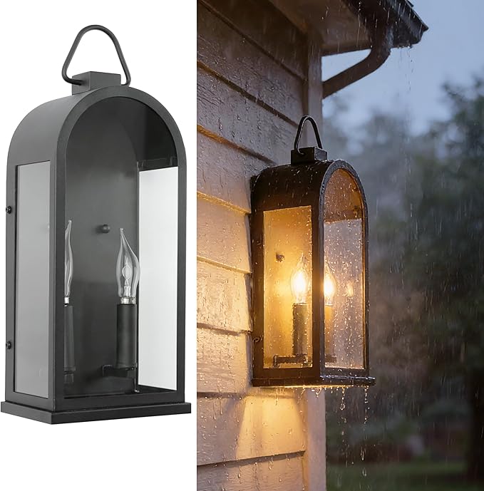 Outdoor Wall Light Fixtures 2 Light Porch Lights Outdoor Matte Black Exterior Waterproof Wall Sconce with Glass Shade Outside Lantern for House Garage Doorway Patio Entryway E12 Socket
