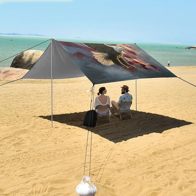 ALAZA Flying Bald Eagle American Flag Beach Tent Sun Shelter UPF50+ Protection Beach Shade Canopy w/ 4 Sandbags for Outdoor Camping Fishing Backyard Fun Picnic 10x9 ft
