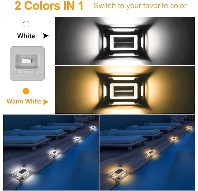Solar Deck Lights Driveway Dock Lights- 8 Packs Waterproof 1200mAh Solar Powered Outdoor LED Aluminum Dock Lighting Road Markers Step Light for Sidewalk Garden Pathway Yard (White/Warm White)