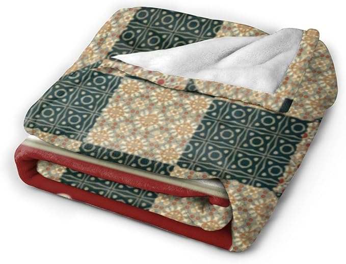 80X60 Star Patch Quilt Block Gold Green Lightweight Flannel Blanket - Soft and Breathable Polyester Suitable for Travel Camping and Home Decoration