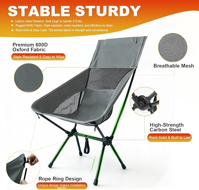IEJ Ultralight High-Back Camping Chair - Portable Folding Backpacking Chair with Anti-sag Footmuffs Supports up to 300 lbs Compact and Durable for Outdoor Activities - Grey