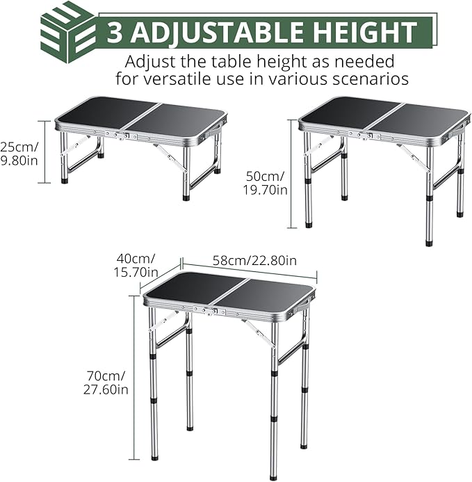 EYPINS Folding Camping Table Portable - Aluminum 22.8'' Lx15.7'' W3 Height Adjustable Small Camping Table LightweightWaterproof Outdoor Folding Table with Carry Handle for Picnic CookingBBQBeach