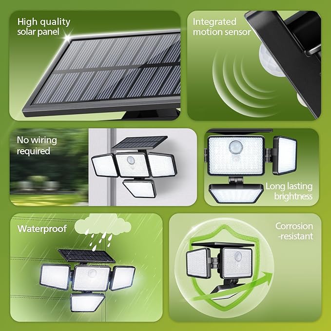 Philips Solar Security Light Outdoor 196 LED Wall-Mounted Flood Light w/PIR Motion Sensor 3 Modes 4 Adjustable Heads Solar-Powered Floodlights with Remote Control IP65 Waterproof