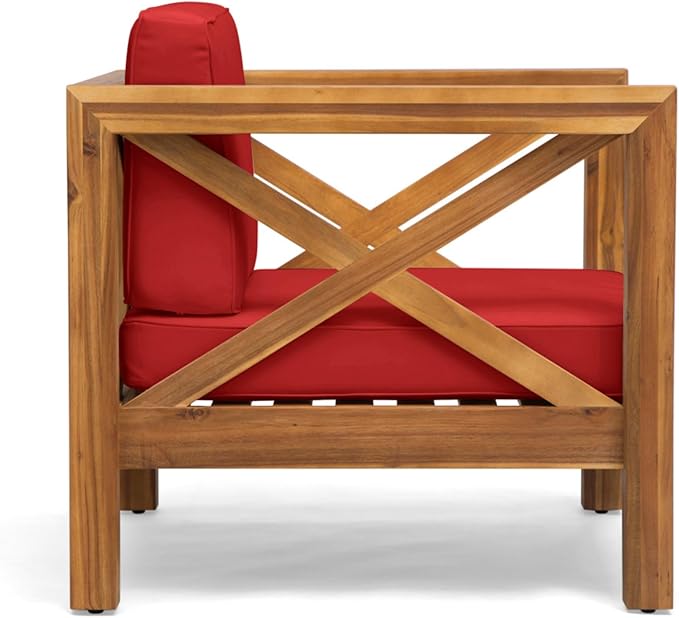 Mid-Century Modern Outdoor Club Chair with Acacia Wood Frame and Water-Resistant Cushions for Patio Garden Backyard Seating (Red)
