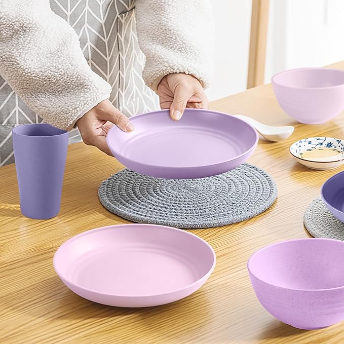 Teivio 32-Piece Kitchen Plastic Wheat Straw Dinnerware Set Service for 8 Dinner Plates Dessert Plate Cereal Bowls Cups Unbreakable Colorful Plastic Outdoor Camping Dishes Purple Ombre