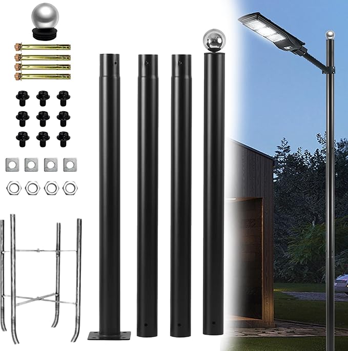 Street Light Pole 13 ftBlack Outdoor Solar Light PoleSplit Heavy-Duty Metal Adjustable Street Lamp Post with Rebar Cage and Ground Screw for Basketball CourtsStreetParking LotsPark.