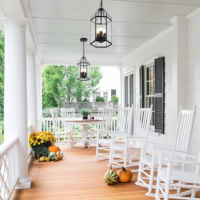 8 Modern 3-Light Exterior Black Lantern Pendant Light Fixture with Clear Rippled Glass Mini Industrial Hanging Cage Chandelier for Outdoor Kitchen Dining Room Hallway Entryway Foyer Porch