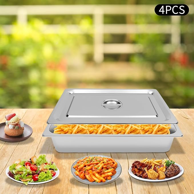 Steam Table Pans with Lids Set of 4 20x12x4 Inch Hotel Pans 2.38 Gallon 201 Stainless Steel Food Pans One-Piece Design Dishwasher Oven Safe for Restaurant Catering Buffet