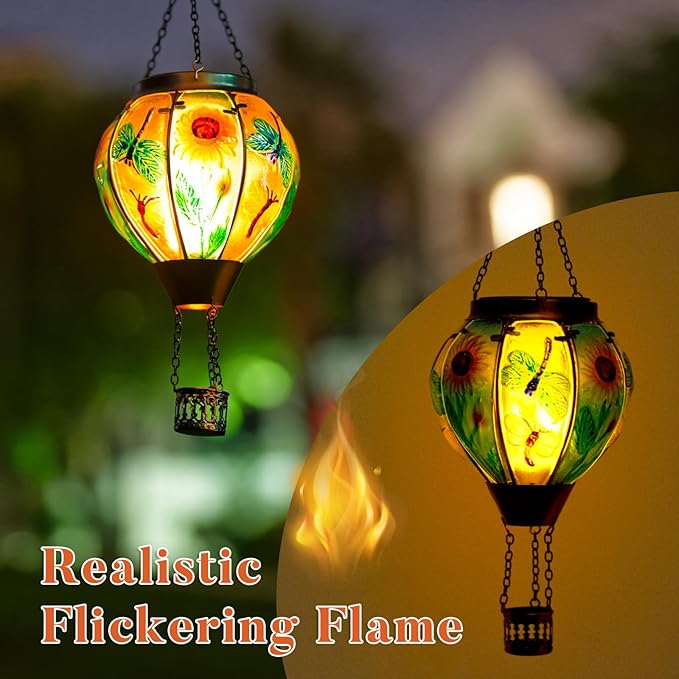 Hanging Hot Air Balloon Solar Lantern Dragonfly Solar Power Hot Air Balloon Lantern Outdoor Waterproof Glass Hanging Light for Outdoor Patio Garden Decor