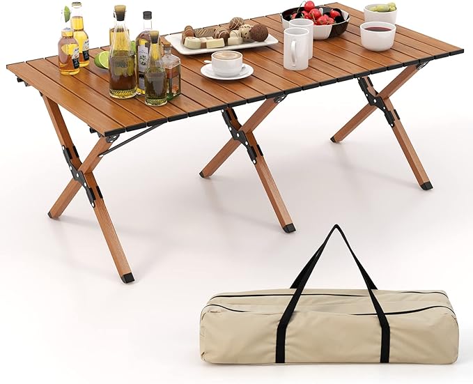 COSTWAY Folding Picnic Table Roll-Up Aluminum Camping Table with Wood Grain Portable Low Height Beach Table with Carry Bag for Camping Picnic BBQ &amp Hiking Easy Assembly Natural (47” x 23” x
