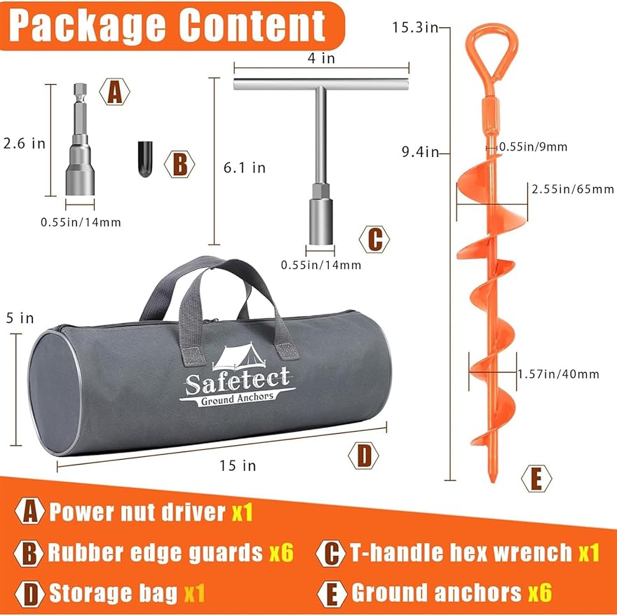 Ground Anchors Screw in 15 Inch Heavy Duty Earth Anchor Stakes for Trampoline Camping Canopies Tents Securing Animals Swing Set Anchors 6 Pack Tent Stakes