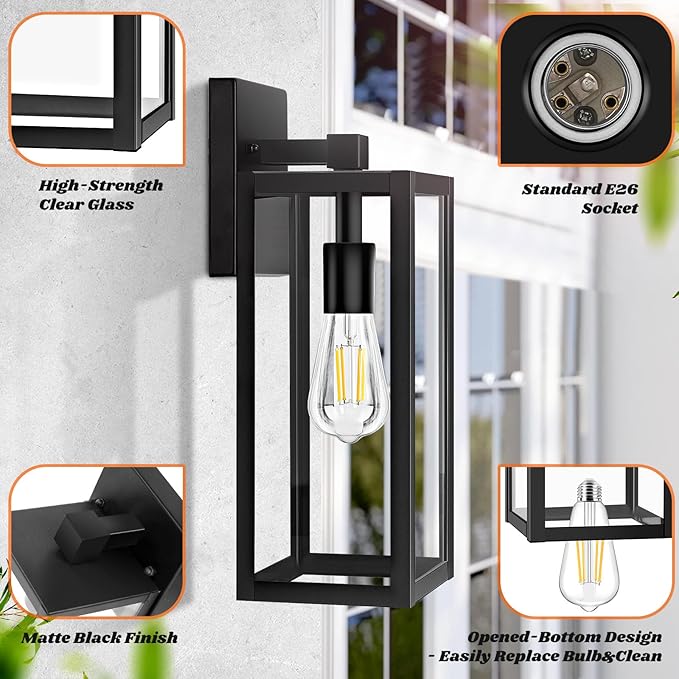 Brightever 2-Pack Outdoor Wall Light Exterior Waterproof Wall Sconce Light Fixtures 15 Black Outdoor Wall Lamp with Clear Glass for House Porch Front Door Garage Patio Bulbs Not Included