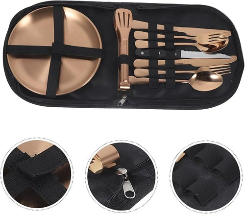 1set Stainless Steel Cutlery with Case Portable Camping Utensil Kit for Outdoor Dining Elegant Finish Includes Spoons Forks Knives Easy to Clean for Picnics and Hiking