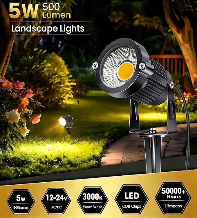 2Pack Low Voltage Landscape Lights LED 5W Landscape Lighting with connectors AC/DC 12V-24V Outdoor Spotlight IP66 Waterproof Tree Flag Lights Warm White Spotlights for Yard Garden Pathway