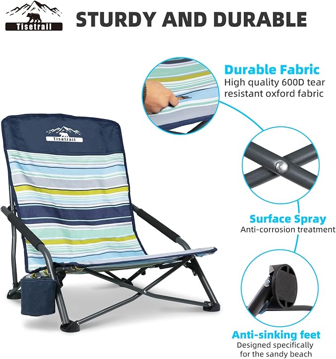 Portable Beach Chair for Adults Low Back Sling Chair with Cup Holder Folding Sand Chair Lightweight Lawn Chair for Beach Lawn Camping Concert Travel Supports 300lbs