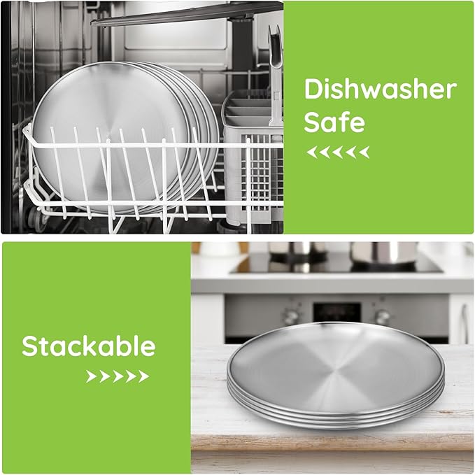 Metal Dinner Plate 4 Pack 10.2 inch 304(18/8) Stainless Steel Plates Reusable lunch salad Pizza BBQ Food Serving Snack Eating Dishes Round Shatterproof Plate Silver Dinnerware Oven Safe