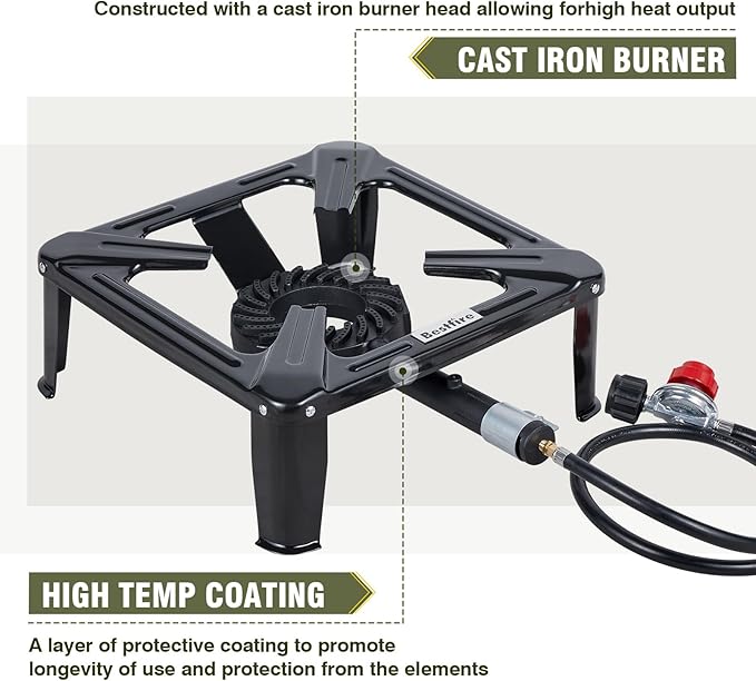 Bestfire High Pressure Propane Burner 120000 BTU Single Propane Stove with 4.1ft 0-20Psi Adjustable Hose with Regulator 16 Square Steel Cooktop for Camping