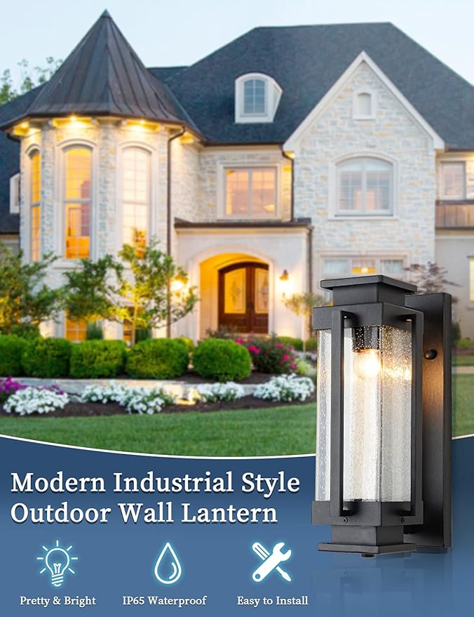 Dusk to Dawn Outdoor Wall Lanterns Large Exterior Porch Lights Wall Mount IP65 Waterproof Outdoor Sconces with Seeded Glass Outside Wall Lamp for House Garage Front Porch Patio