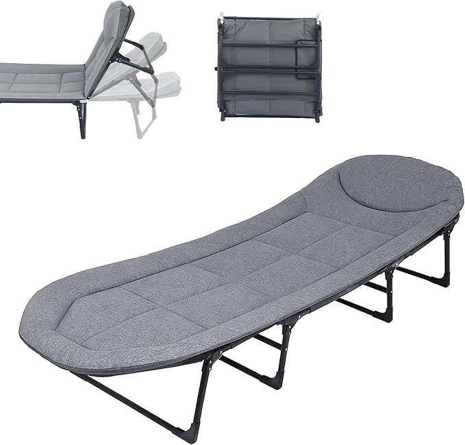 Chaise Lounge Chair Folding Cot 6-Angle Adjustable Camping Cot with Mattress for Patio and Beach Foldable Bed Portable Heavy Duty Lay Flat Reclining with Pillow (Grey XL - 80)