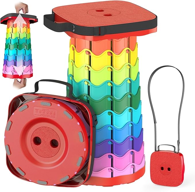Upgraded Collapsible Stool Portable Folding Stool Telescoping Camping Chair with Max Load Capacity 485lbs Square Retractable Stool for Camping Gardening Fishing Hiking BBQ [Rainbow+Red]