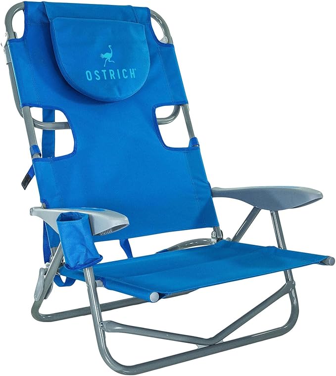 Ostrich the Heavy-Duty Backpacker Portable Beach Chair with Face Hole Adjustable Lounge Chair with Face Opening Cup Holder &amp 325lb Capacity Blue