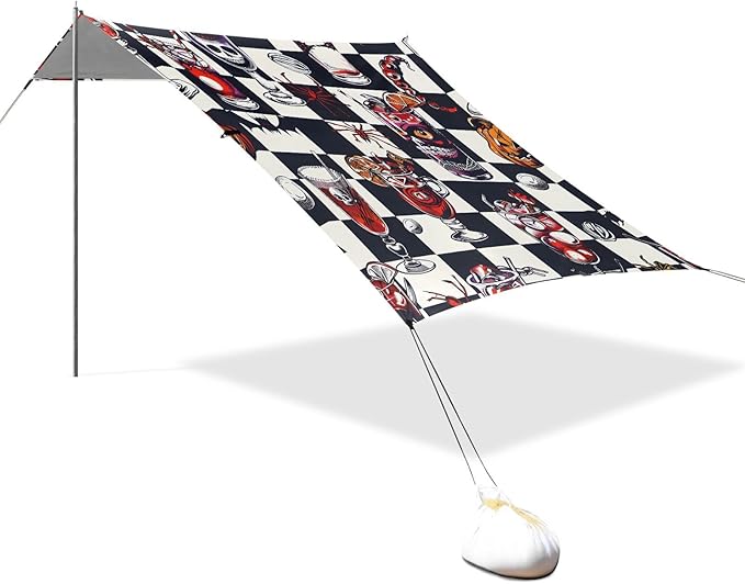 ALAZA Halloween Skulls Checkered Beach Tent Sun Shelter UPF50+ Protection Beach Shade Canopy w/ 4 Sandbags for Outdoor Camping Fishing Backyard Fun Picnic 10x9 ft