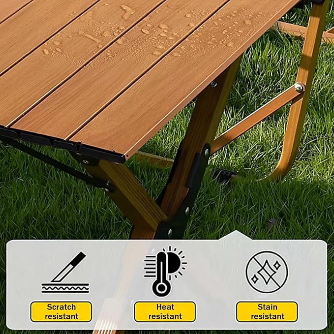 Portable Outdoor Camping Table Large for 2-6 Person Foldable Roll-up Metal Camp Table with Carry Bag for Picnic Camp Wood Color