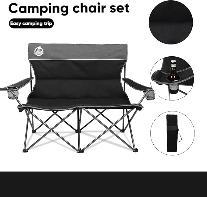 Northroad Outdoor Camping Chair Set of 3Folding Padded Camp Chair w/1 Sofa2 Single ChairsCollapsible Conversation Set for Family Patio Beach (Black)