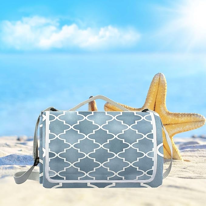 MNSRUU Picnic Blanket Waterproof Foldable Grey Moroccan Large Outdoor Picnic Beach Camping Blanket Travel Mat Shoulder Strap Tote Rectangle 57x59in