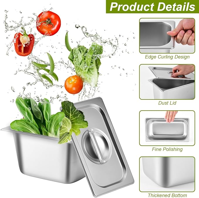 8 Pack 1/3 Size Hotel Pans with Lids 6 Inch Deep 1.2mm Thick Commercial Stainless Steel Chafing Steam Table Pan Catering Storage Metal Food Pan
