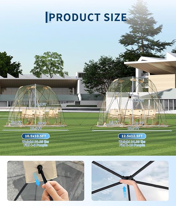 Pop Up Bubble Tent for 4-8 Persons – 10x10 ft All-Weather Transparent Dome Igloo – Rainproof Windproof Shelter for Camping Patio Sports Garden – Portable Sun Shelter (10 * 10)