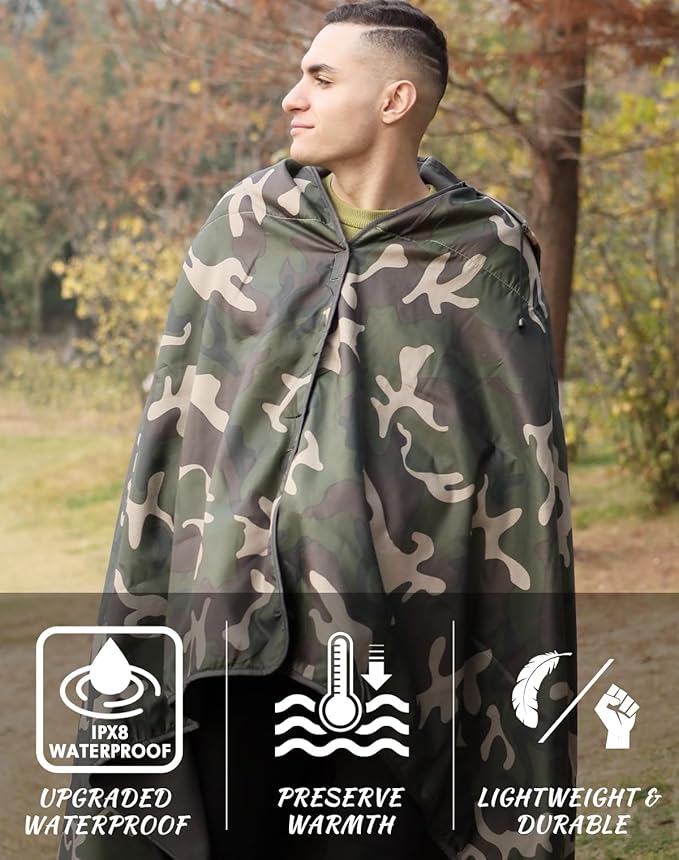 DUKUSEEK Hooded Stadium Blanket Camouflage Waterproof Windproof Outdoor Fleece Blanket - Large (79x56) Portable Wearable Warm for Outdoor Hunting Sporting Events…