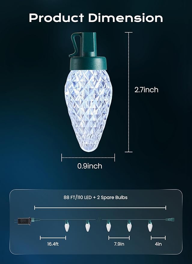 Minetom C9 Christmas Lights Outdoor 72 FT 110 LED C9 String Lights 8 Modes &amp Timer Connectable Waterproof for Christmas Tree Light Indoor Outdoor Roofline Patio Outside Yard Xmas Decor White