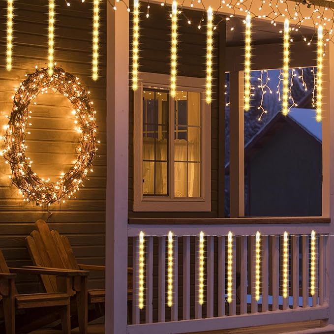 LJLNION 24 Tubes Meteor Shower Lights Outdoor Icicles Christmas Decor 12 Inch 864 LED Snow Falling Connectable Raindrop Lights Xmas Wedding Party Tree Holiday Decoration Warm White