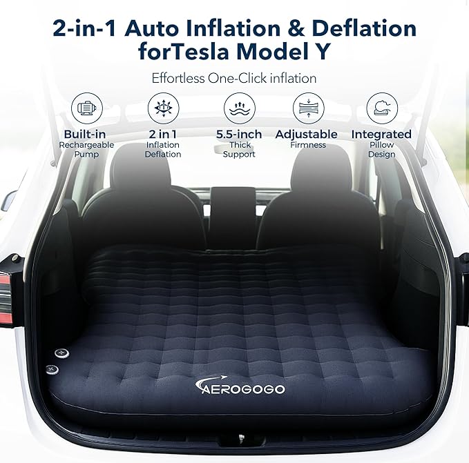 Tesla Model Y Mattress Self Inflating Camping Mattress with 5.5 Thickness One Click to Inflate/Deflate Built-in Pillow Backpack Size IP68 2 Person Tesla Model Y/Juniper Accessories 2025-2021