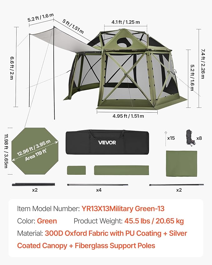 VEVOR Pop up Gazebo Screen Tent 13 x 13 ft 13-Sided Spherical Camping Canopy Tent with Removable Top &amp Carry Bag Quick-Set &amp Bite-Proof Screen House Sun Shelter for 10-12 Persons Green