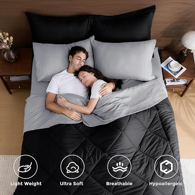 HEVUMYI Oversized Queen Comforter Set - 7-Piece All Season Bed in a Bag Oversized Queen Ultra Soft Bedding Set with Comforter Flat Sheet Fitted Sheet Pillowcases Pillow Shams Black &amp Light G