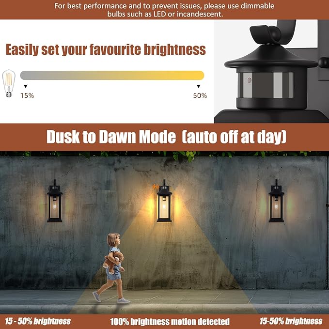 1-Pack 18 Inch Motion Sensor Front Porch Light IP65 Waterproof Large Black Dusk to Dawn Outdoor Wall Lighting for House Exterior Light Fixture Clear Glass Garage Coach Light E26 Bulb Base