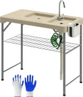 Outsunny Folding Fish Cleaning Table with Sinks Portable Camping Sink Table with Faucet Drainage Hose Sprayer Shelf Drawer and Storage Basket Outdoor Fillet Table for Picnic Beach Patio Tan
