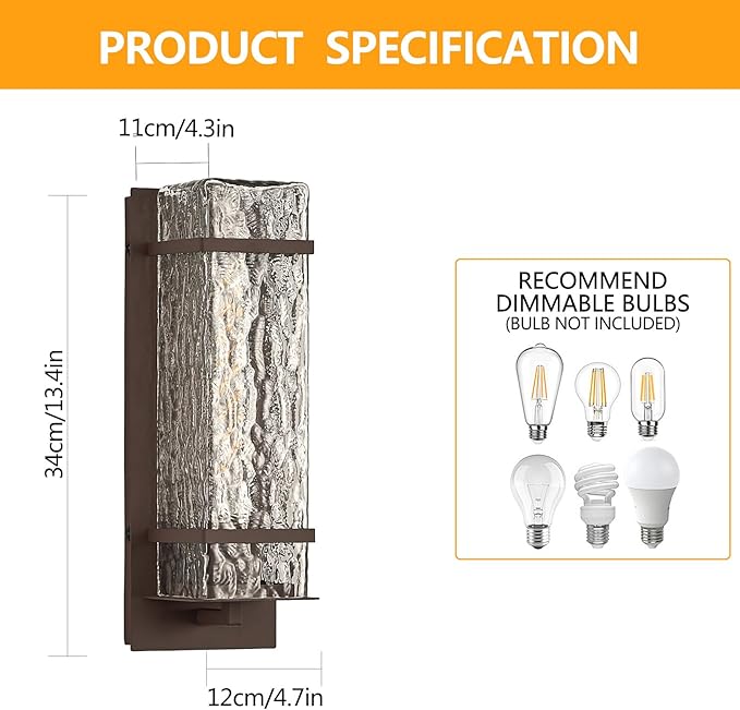 Brown Outdoor Wall Light 13.4in Exterior Waterproof LanternsPorch Sconces Wall Mounted Lighting with E26 Sockets &amp Textured Glass Shades for GarageDoorwayPatioFront Door