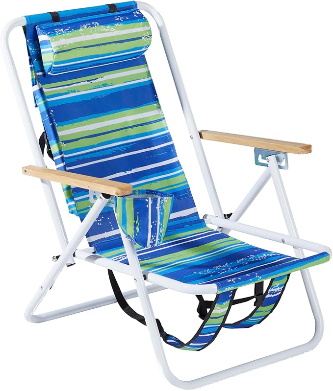 Folding Beach Chair Adjustable Headrest w/Tilt Angle Cup Holder Portable High Strength Cleanable Fabric for Sand Camping Lawn Concert Travel Festival (Blue Stripe 1)